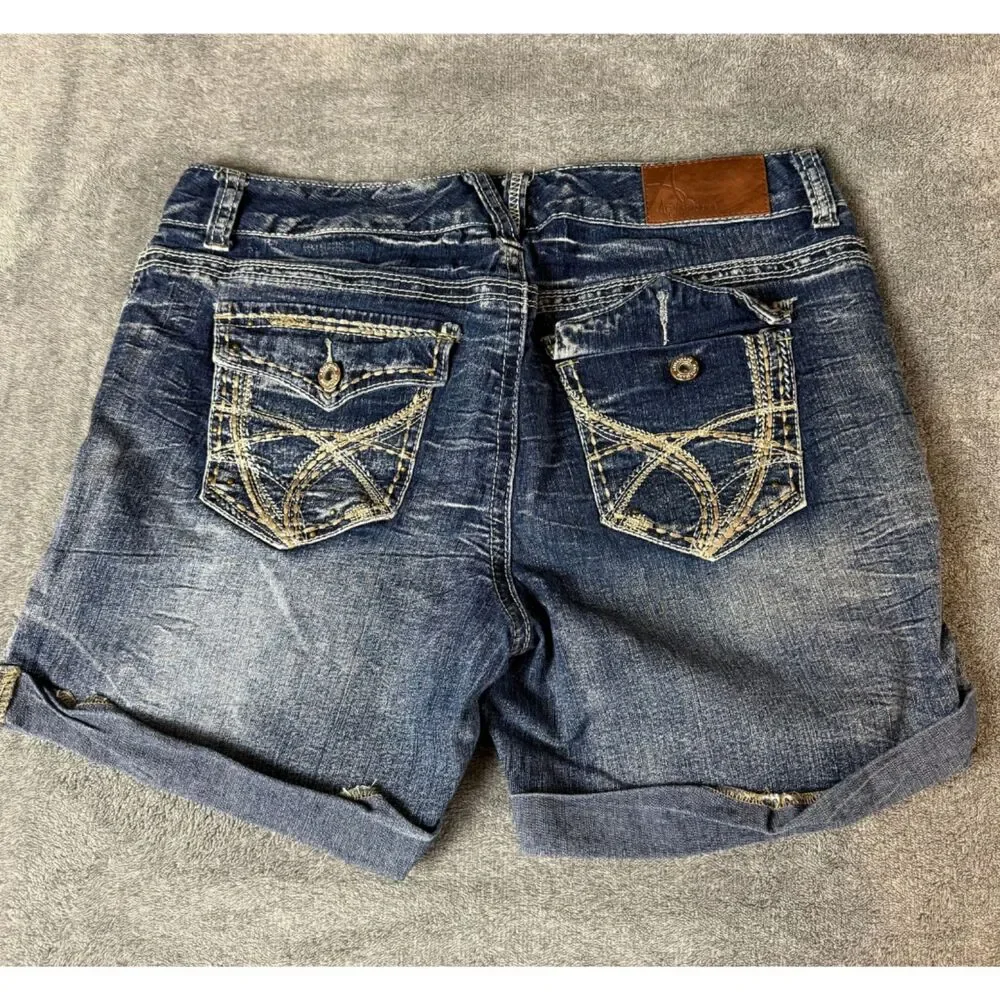 Angels Jeans Blue Distressed Cuffed Denim Shorts Size 15/16 Stretch Mid Rise